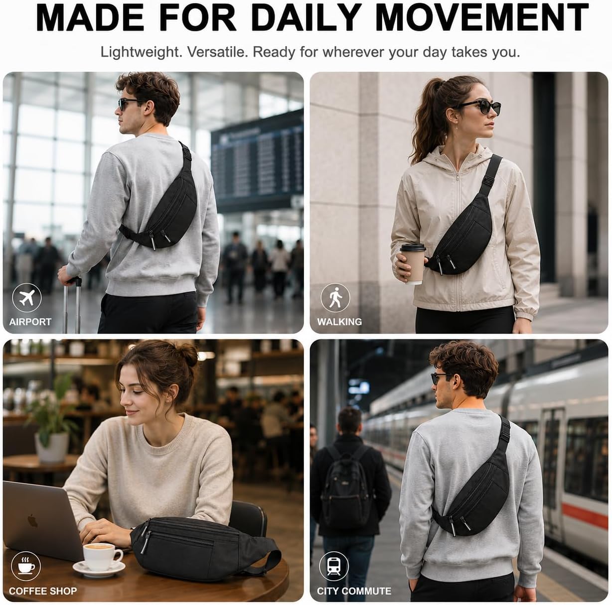 Entchin Belt Bag for Women Men, Lightweight Crossbody Fanny Pack with 2 Zipper Pockets, Adjustable Sling Bag for Travel, Walking, Running & Everyday Use (Black)