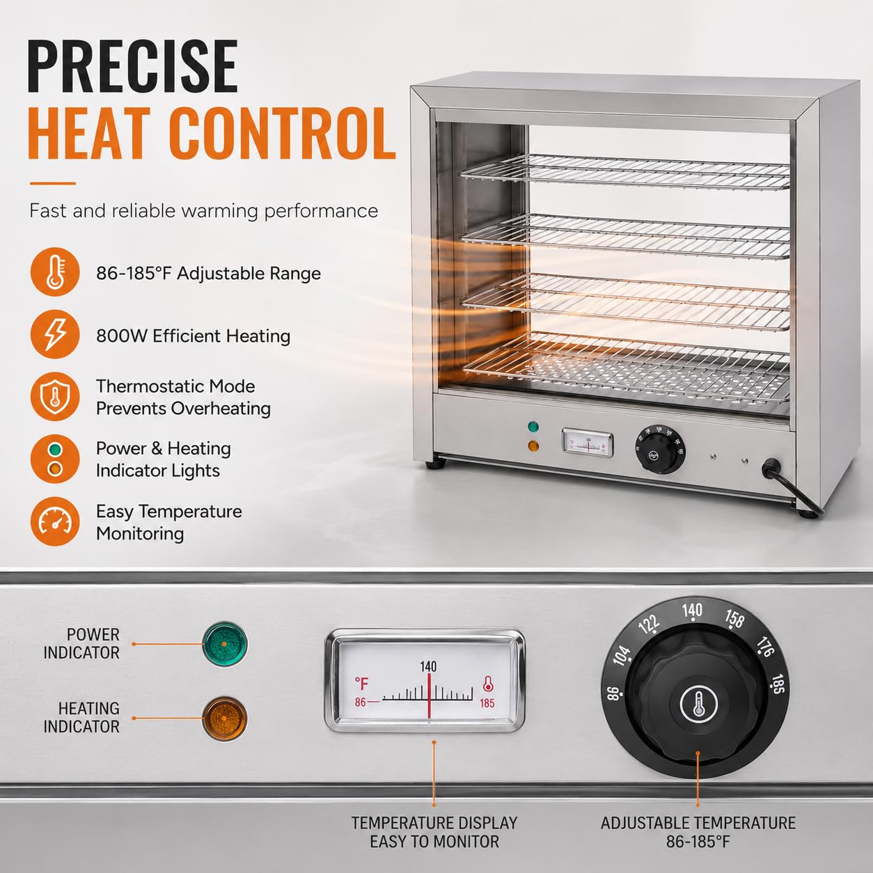 Witryna podtrzymywania ciepła z oświetleniem, 4-poziomowa lada grzewcza 800 W 30-85°C