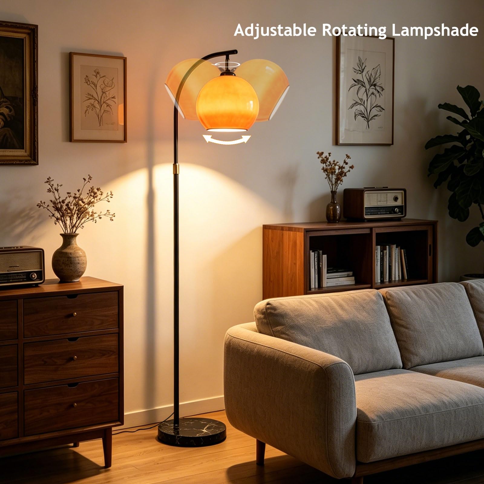 Lampe Sur Pied Arc Mid-Century Modern Orange, Hauteur Réglable, Globe En Verre, Douille E27, 3 Températures, Base En Marbre, Pour Salon, Chambre Ou Bureau (Ampoule Incluse)