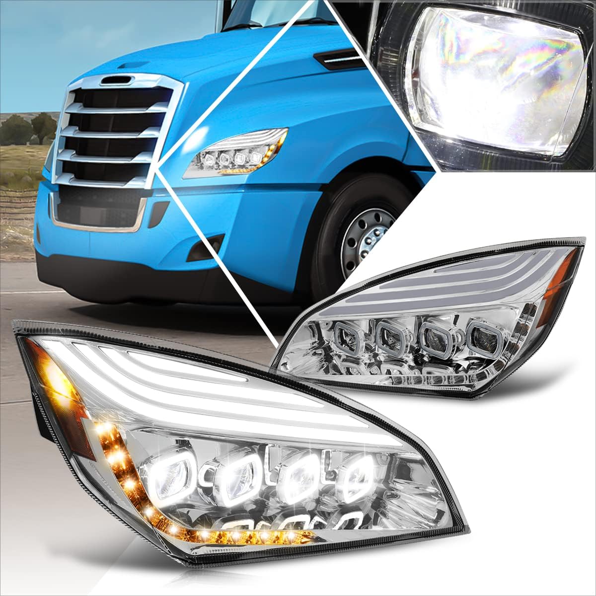 LED DRL Sequential Signal Projector Headlights Assembly Compatible with 18-24 Freightliner Cascadia,Black Housing