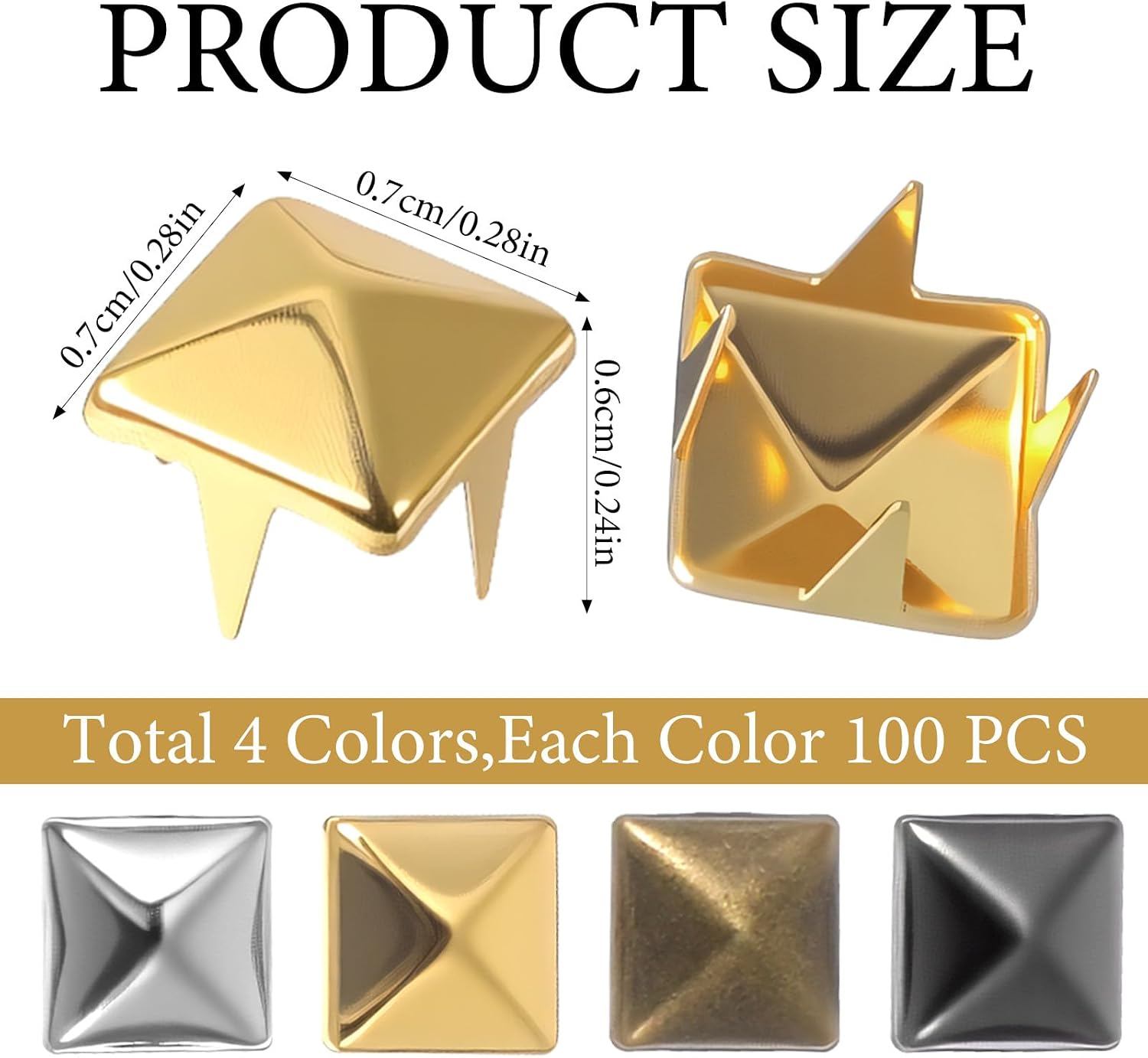 Mabor 400pcs 7mm Square Flat Back Studs, 4 Colors Metal Spike Studs for Clothing, Crafts, DIY Decoration