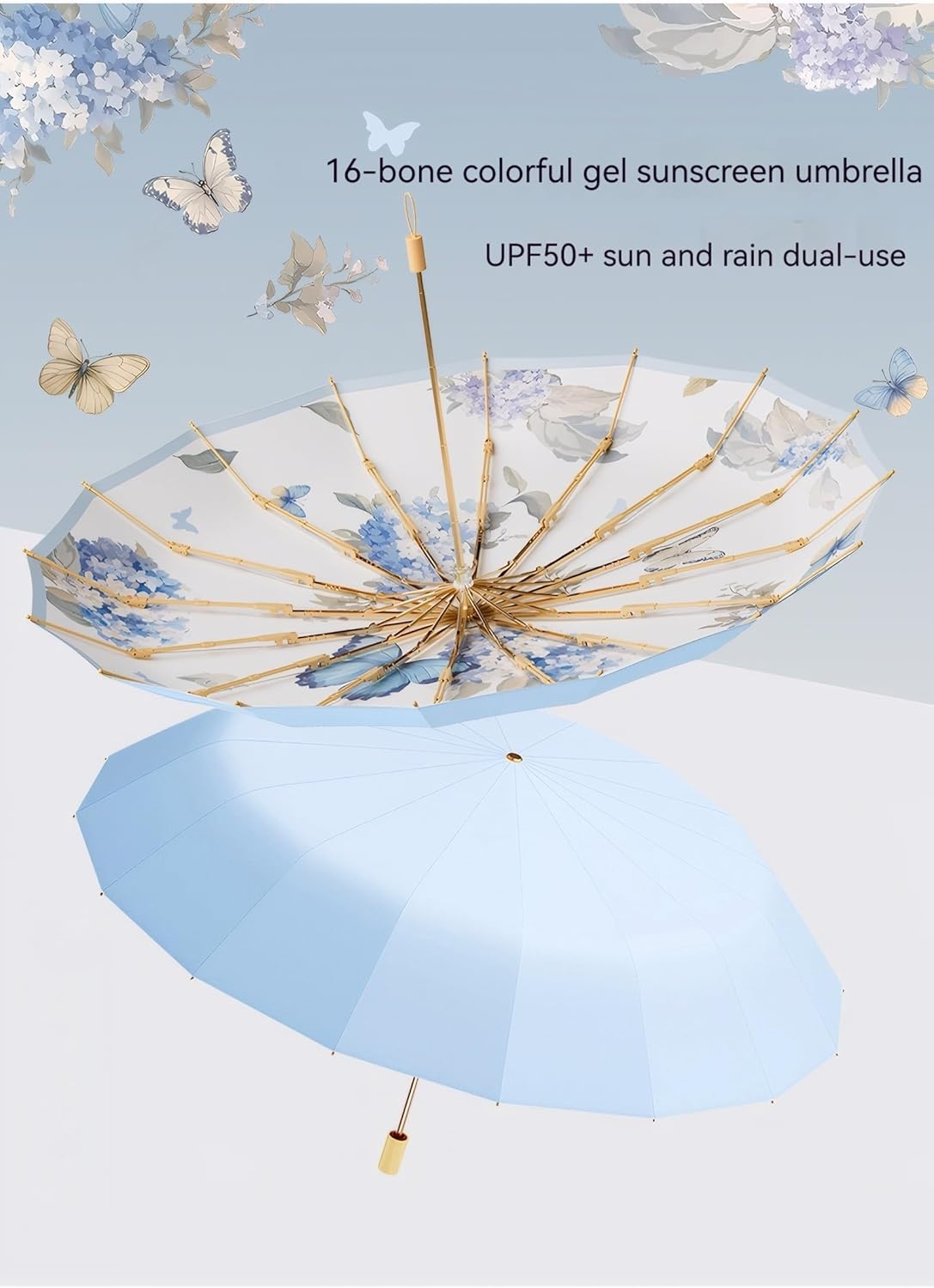 Meichoon Retro Sun Umbrella UPF50+ UV Protection Large 102cm/40in for 2 Person Upgrade Thickened Double-bone Fiberglass 16 Rib Waterproof Wind Resistant Folding Parasol for Women Travel Wood Handle