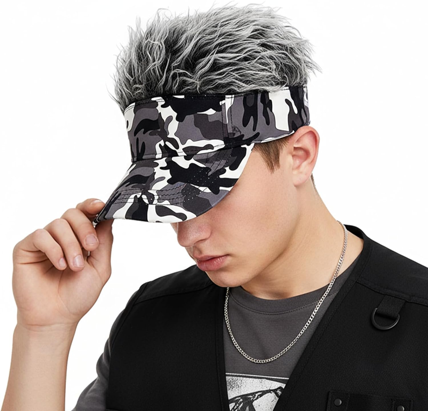 Sun Visor Cap with Fake Hair Men Wig Baseball Golf Cap Novelty Spiked Peaked Sun Cap Adjustable Hair Visor Hat