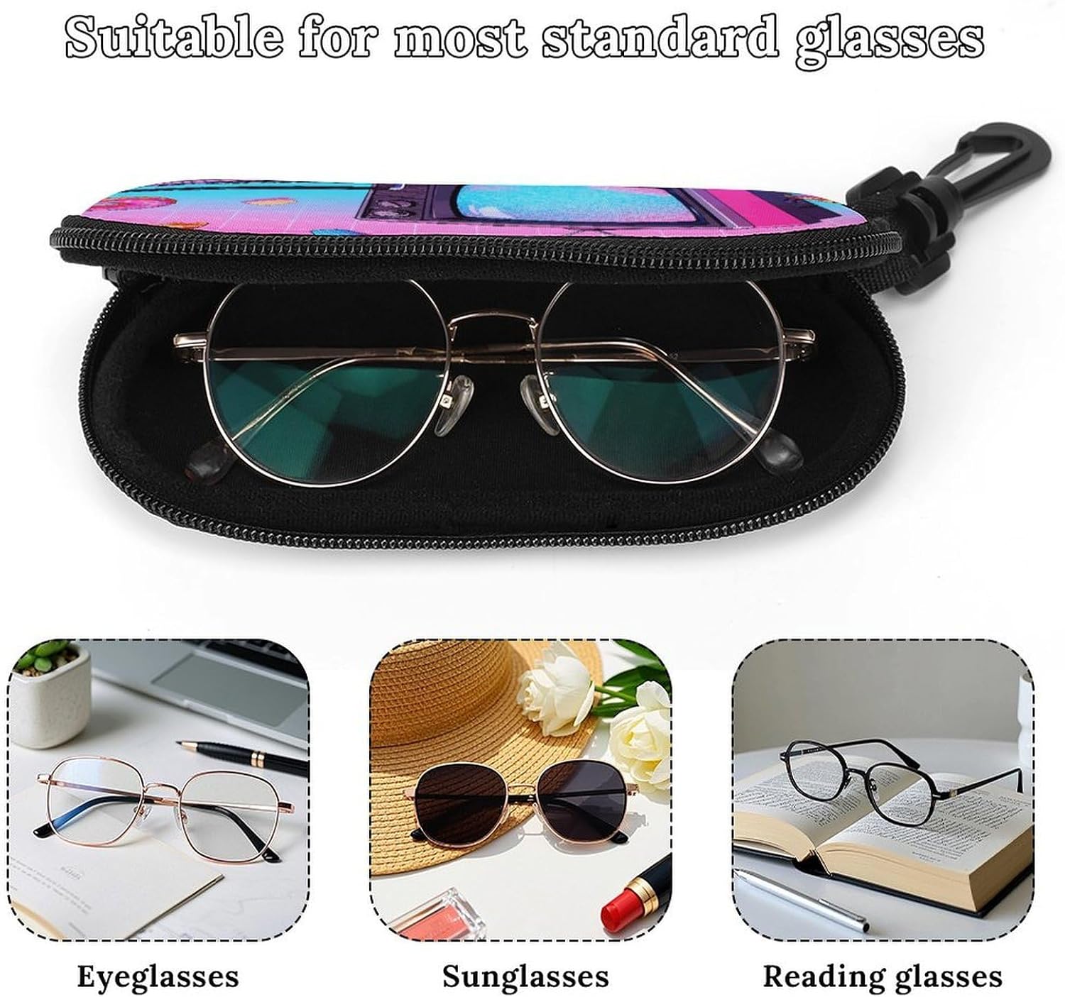 Retro Gadgets Collage Sunglasses Case Neoprene Zipper Eyeglass image 4