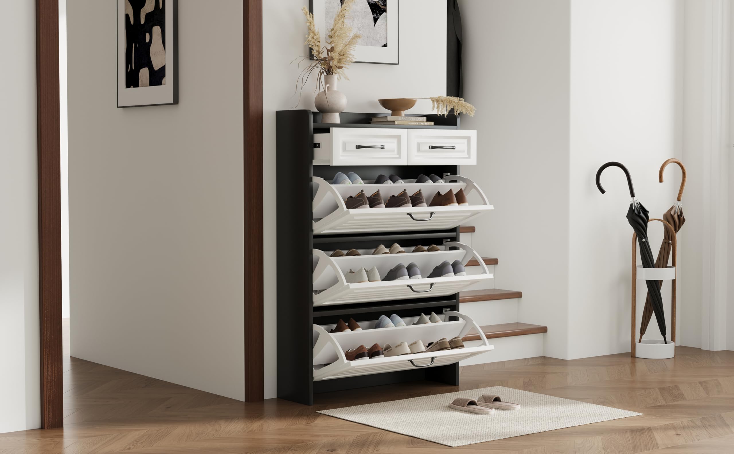 Generisch Obrotowa szafka na buty, komoda na buty z 3 dużymi klapami i 2 szufladami, drewniany regał na buty z dużą przestrzenią do przechowywania do przedpokoju, salonu, korytarza, szer. 80/gł. 23,5