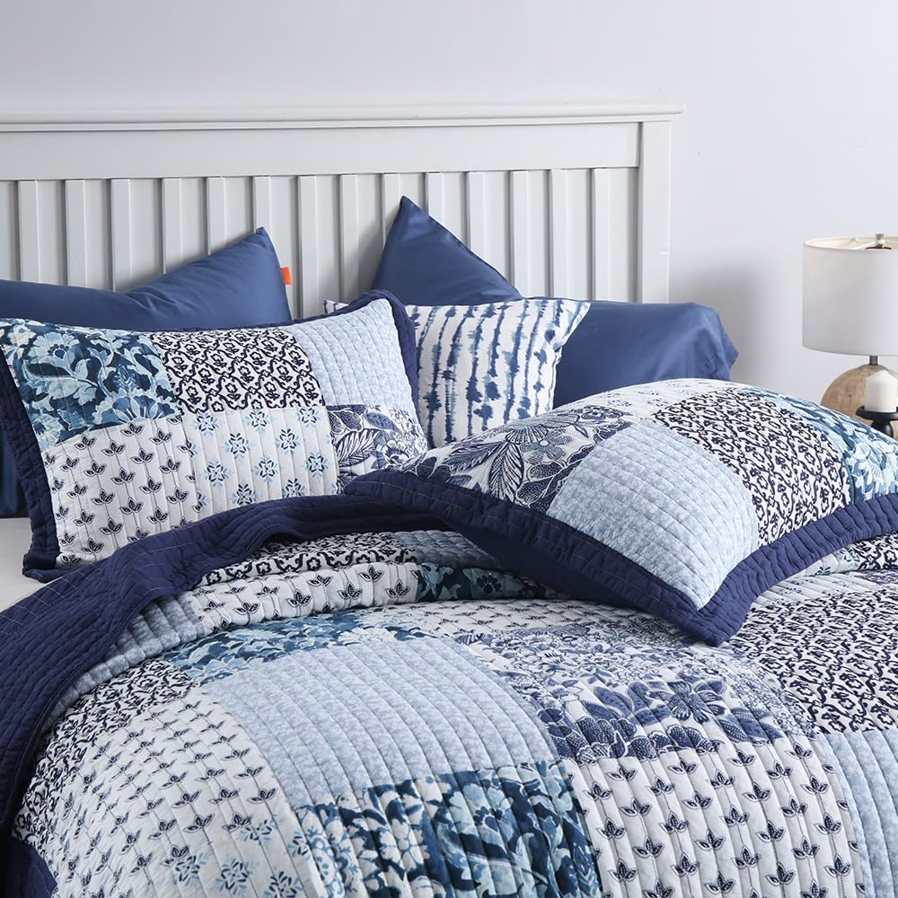 ENASAL Cotton Bedspread Quilt Sets Reversible Bedding Coverlet Sets Luxury Blue White Floral Real Patchwork Bedspread, Queen Size - Image 5