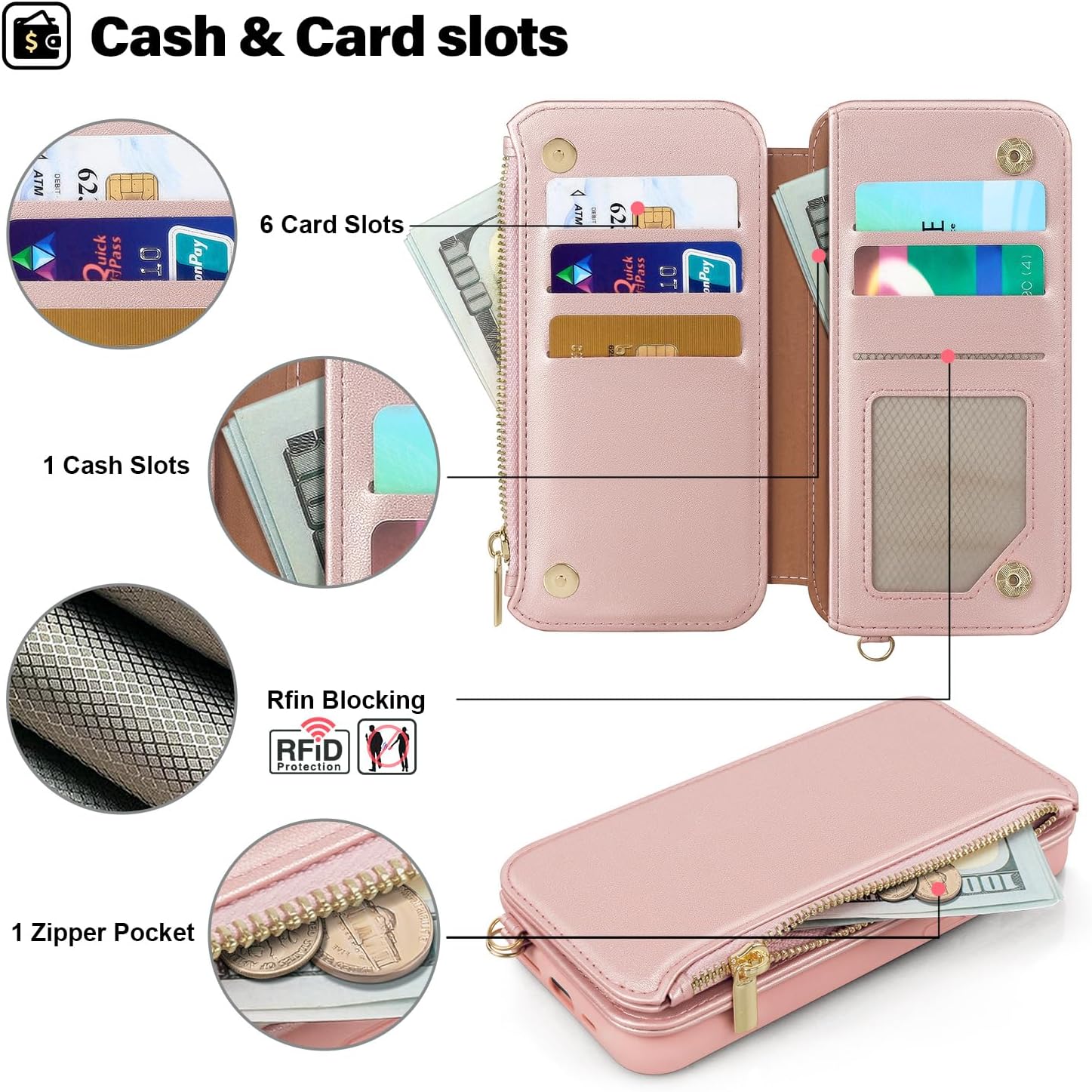 Antsturdy 2 in 1 Detachable for iPhone 14 Plus Wallet case with Magsafe,RFID Blocking Magnetic Wireless Charging PU Leather Phone case Flip Folio Cover Card Holder Wrist Strap Women Men,Rose Gold