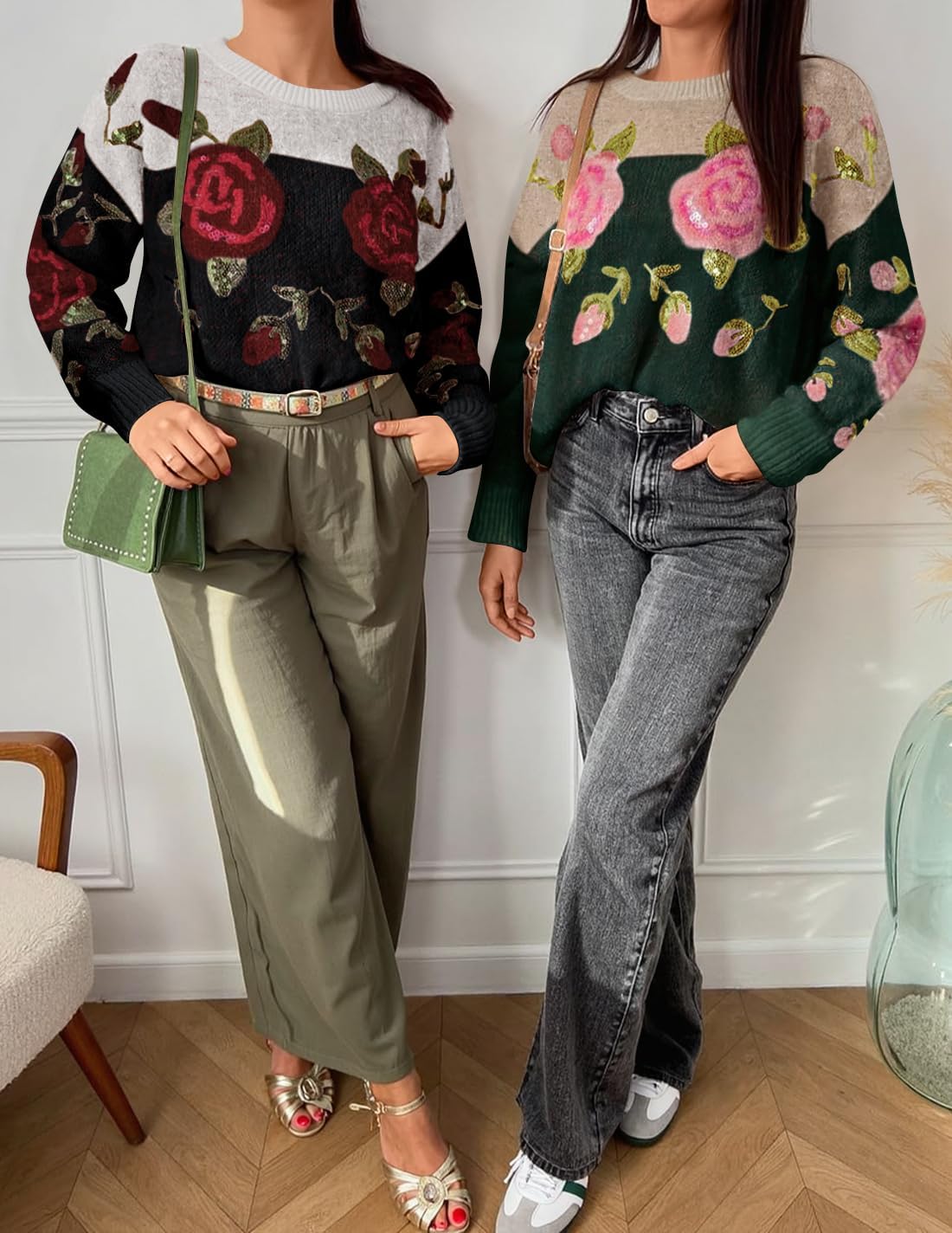 ZESICA Women's Floral Oversized Sweaters 2026 Fall Crewneck Long Sleeve Casual Chunky Knit Pullover Sweater Tops - Image 6