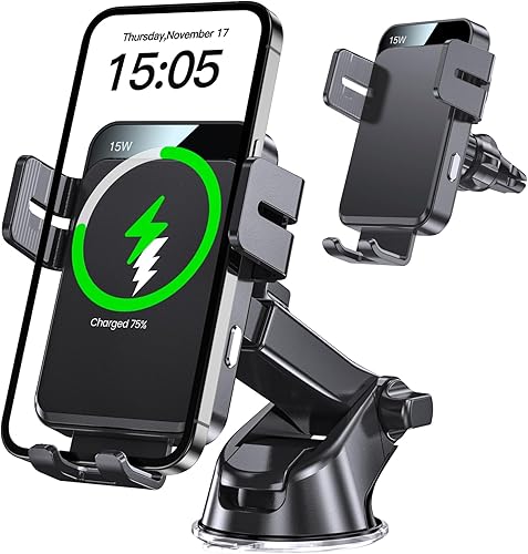 MOKPR - Cargador inalámbrico para automóvil, soporte de brazo largo 3 en 1 para automóvil, 15 W, sujeción automática, para salpicadero, parabrisas,