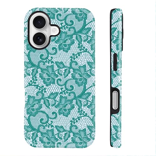 DWUIVI Teal Ornate Lace Floral Phone Case Fit for iPhone 16 | Vintage Durable Shockproof Anti-Scratch Holiday Gift