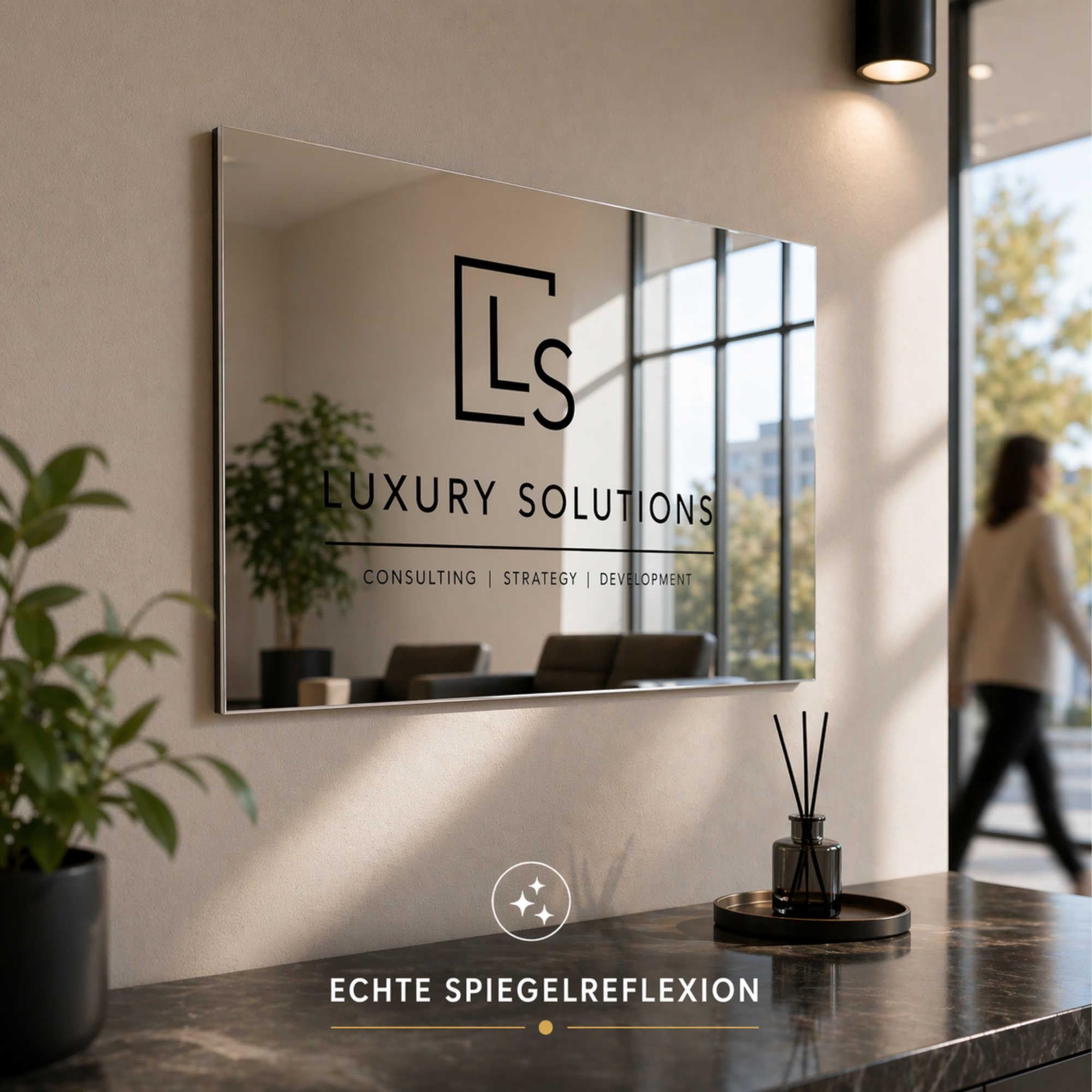 Schilder selbst gestalten - Spiegelschild personalisiert - 60x40 cm - Firmenschild mit Logo und Text - Türschild Büro Praxis Empfang - Aluverbundplatte 3 mm Spiegel