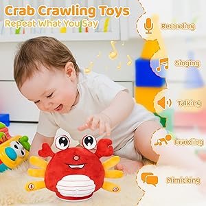 Emoin Musical Crawling Crab Baby Toy Interactive Infant Tummy Time Toys, Sing Talking Moving Crab Plush Stuffer Animal Toys Babies Sensory Crabs Toy for Boys Girls