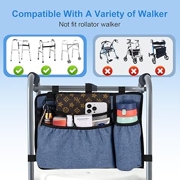 First Walking Bag with Drink Holder, Premium Walker Basket for Folding Walker, Foldable Walker Storage Bags for Seniors with Large Capacity & Water-Repellent, Blue
