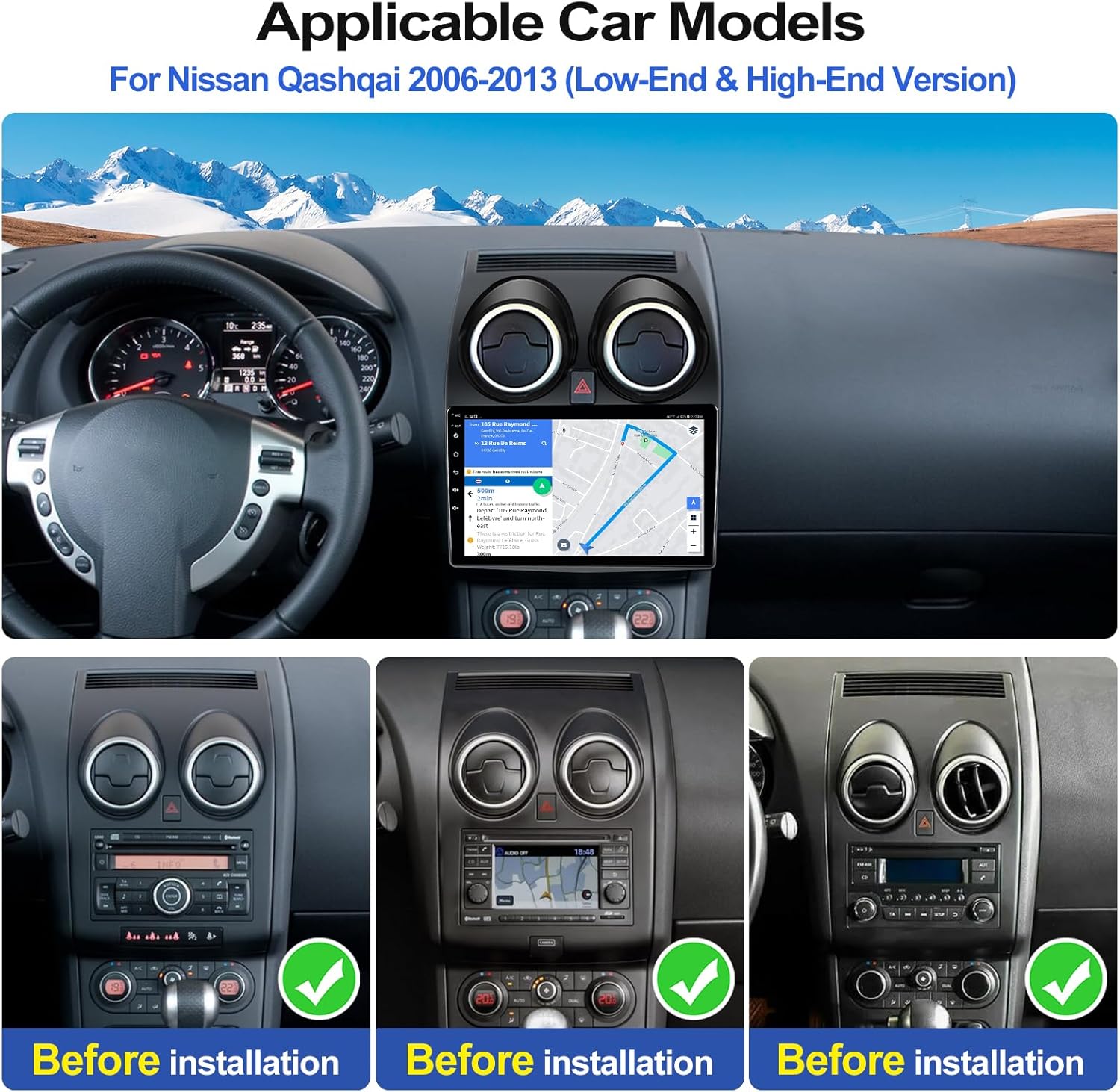 2+64GB Car Radio Stereo for Nissan Rogue Qashqai 2008-2013 with Wireless CarPlay Android Auto Android 13 Head Unit 9" Touch Screen Car Stereo with GPS WiFi Bluetooth FM AHD Backup Camera + Canbus