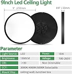 6PK 9 1 cm LED Lumières de plafond de montage, 18W, 1860LM, 3000K/4000K/6000K CCT Luminaires à panneau plat rond pour Hallway, Cuisine, Chambre, Lave-linge, Noir
