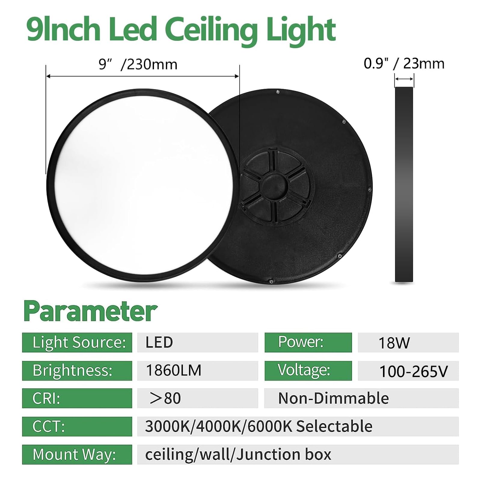 Lampa sufitowa LED, 22,9 cm, 18 W, 1860 lm, 3000 K/4000 K/6000 K CCT do wyboru, okrągła, płaska lampa sufitowa do korytarza, kuchni, sypialni, pralni, 4 sztuki