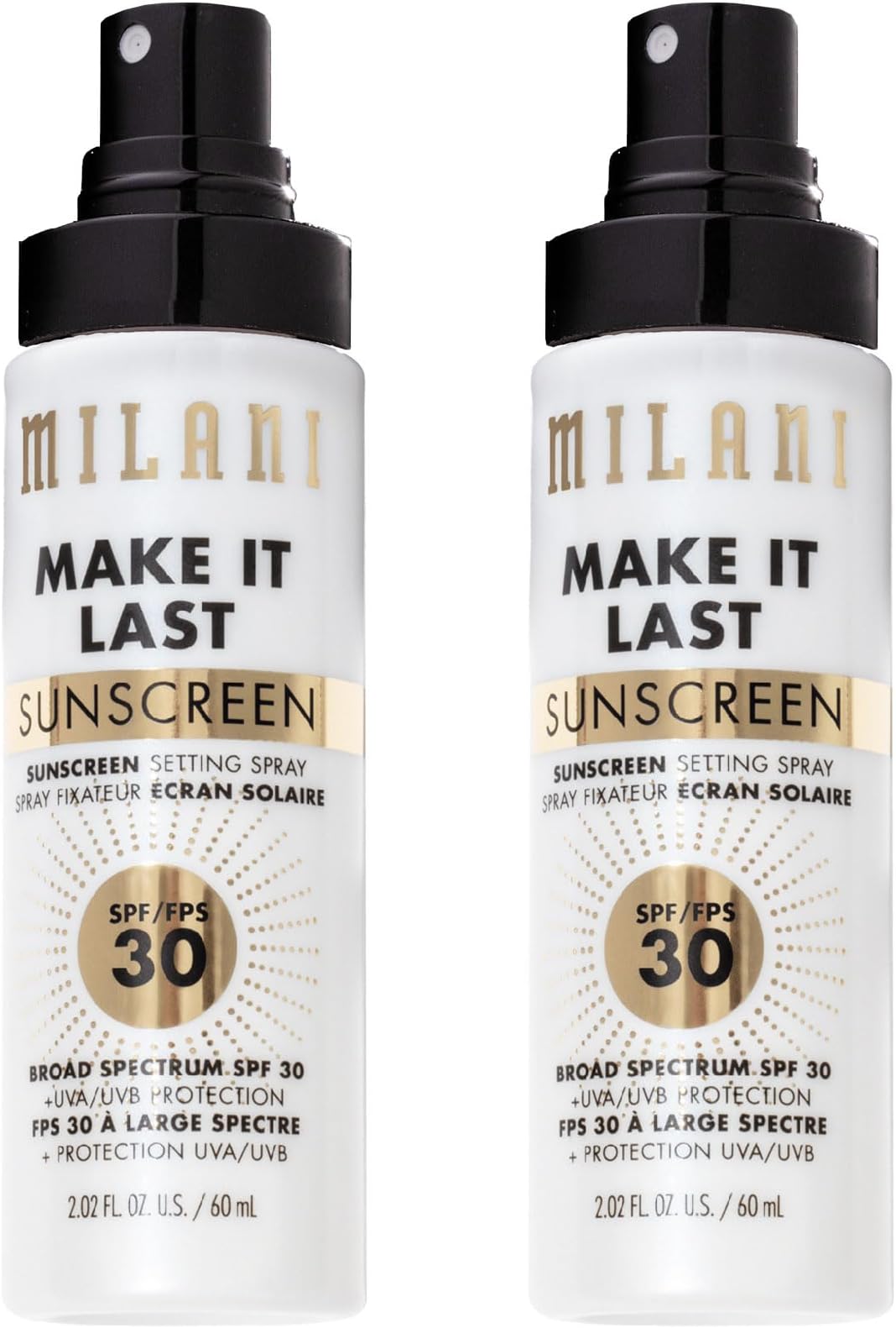 Milani Sunscreen Setting Spray + Primer, Make It Last Sunscreen for Face- SPF 30 UVA & UVB Protection Antioxidant Rich Formula for Broad Spectrum Protection, Prime + Set + Protect, 2.02Fl. Oz - 2 Pack