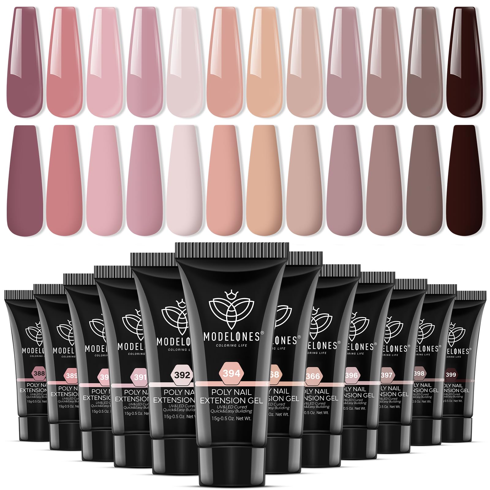 Poly Nail Gel Set - 12 Colors 15g Nude Pink Brown Tone All Seasons Poly Nail Extension Gel Kit Trendy Art Design Professional Salon at Home Holiday Gift for Girl