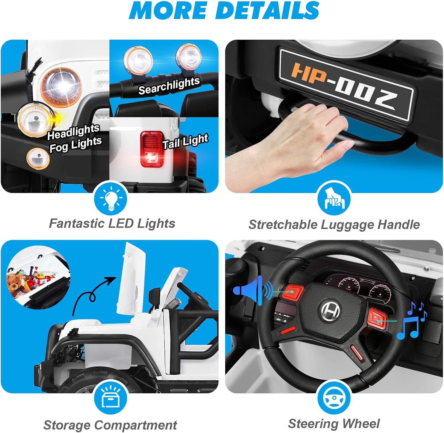 Detailed view of the vehicle's features including LED headlights, fog lights, searchlights, tail lights, stretchable luggage handle, storage compartment, and steering wheel controls.