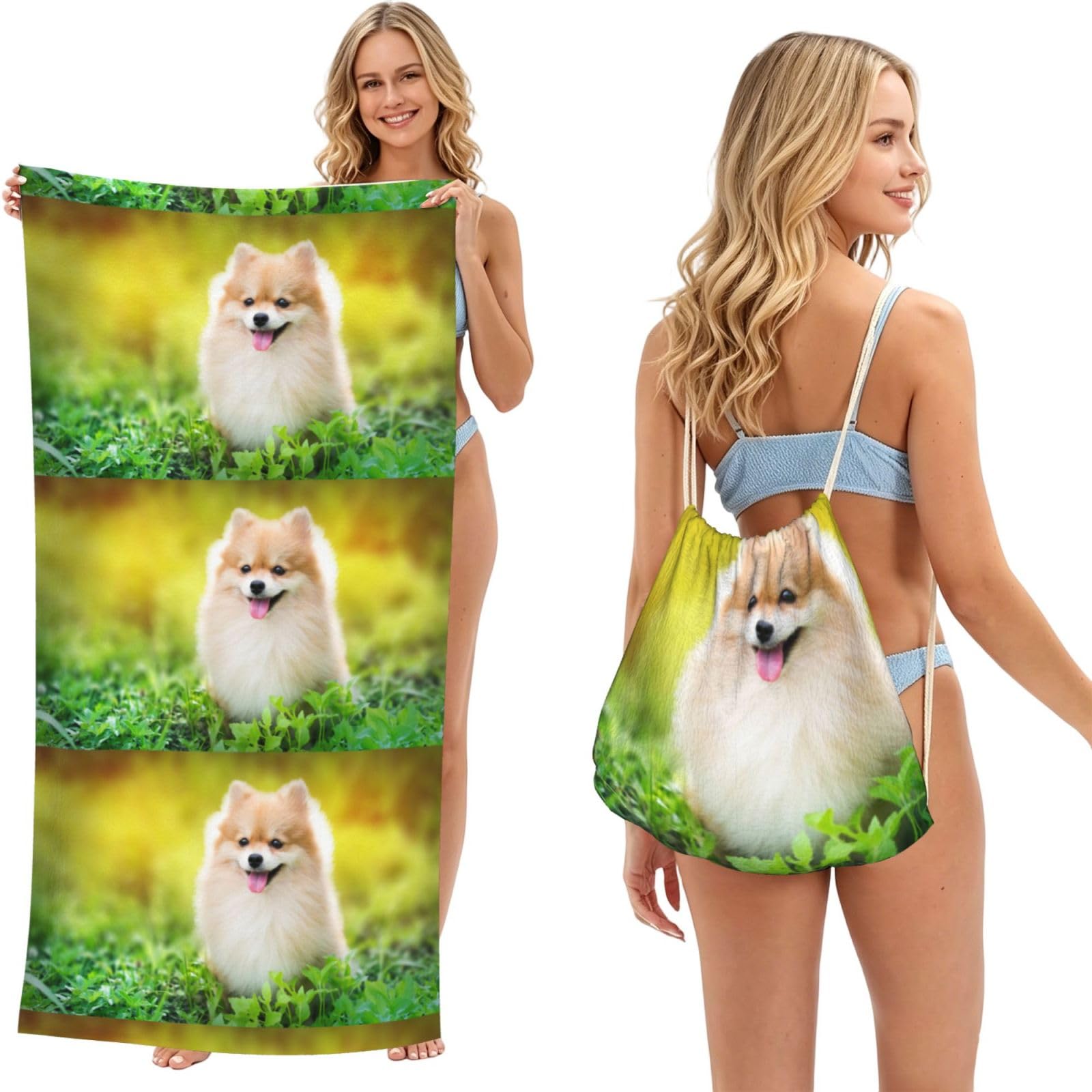 Poadnly As Picture Cute Puppy Dog In Spring Park, 2 In 1 Packable Towel Bag, Beach Towels With Drawstring Backpack For Travel Holiday Camping