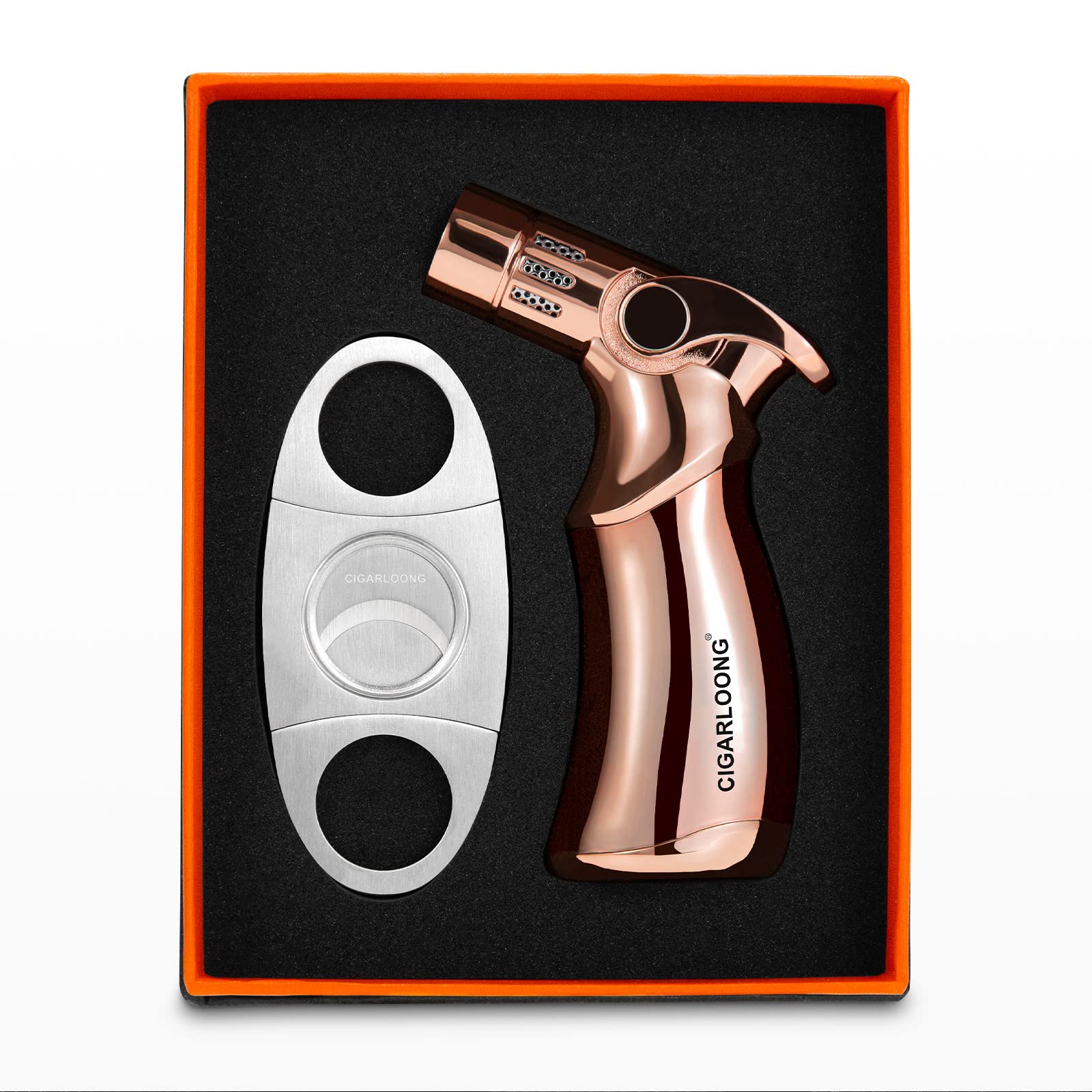 CIGARLOONG Cigar Cutter and Lighter Set 2 Piece Stainless Steel Blade Guillotine and Four Jet Flame Refillable Lighter(Silver+Gold)