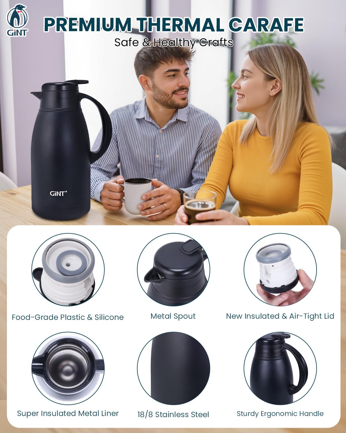 GiNT Jarra de café térmica de acero inoxidable, dispensador de agua al vacío de doble pared y bebidas, retención de calor de 12 horas, 1,9 litros, color negro