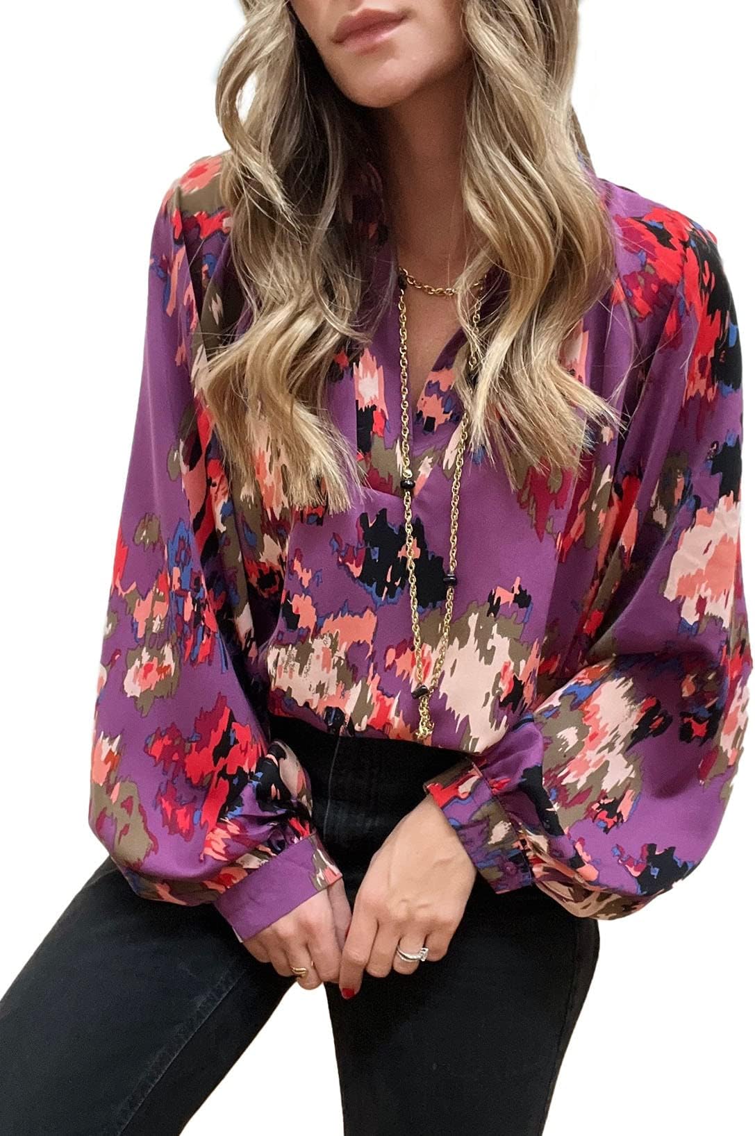 ROSKIKIEVALESS Womens Casual Print Lapel Shirts Loose Bohemain Satin V Neck Long Lantern Sleeve Blouses Tops