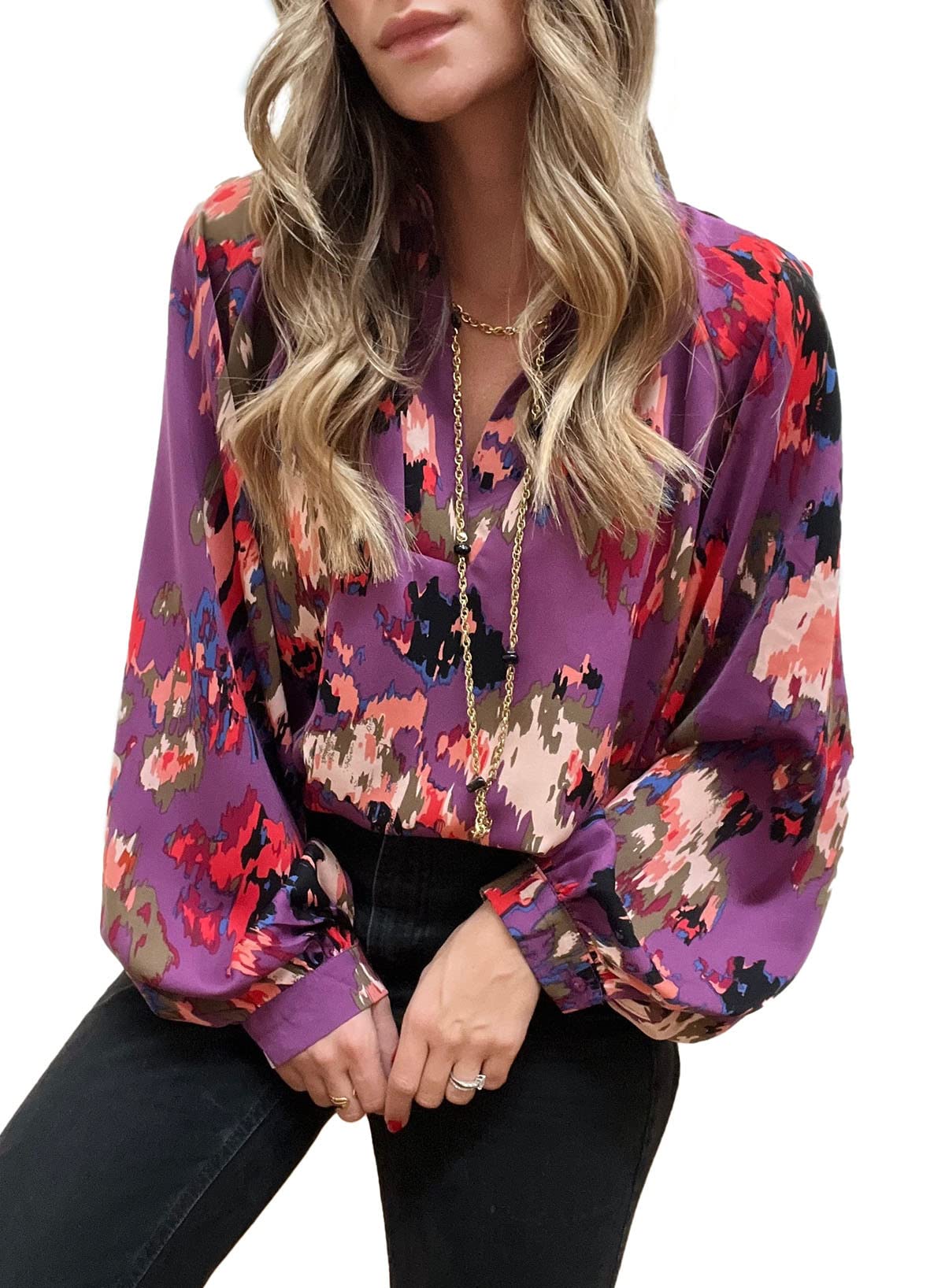 ROSKIKIEVALESS Womens Casual Print Lapel Shirts Loose Bohemain Satin V Neck Long Lantern Sleeve Blouses Tops