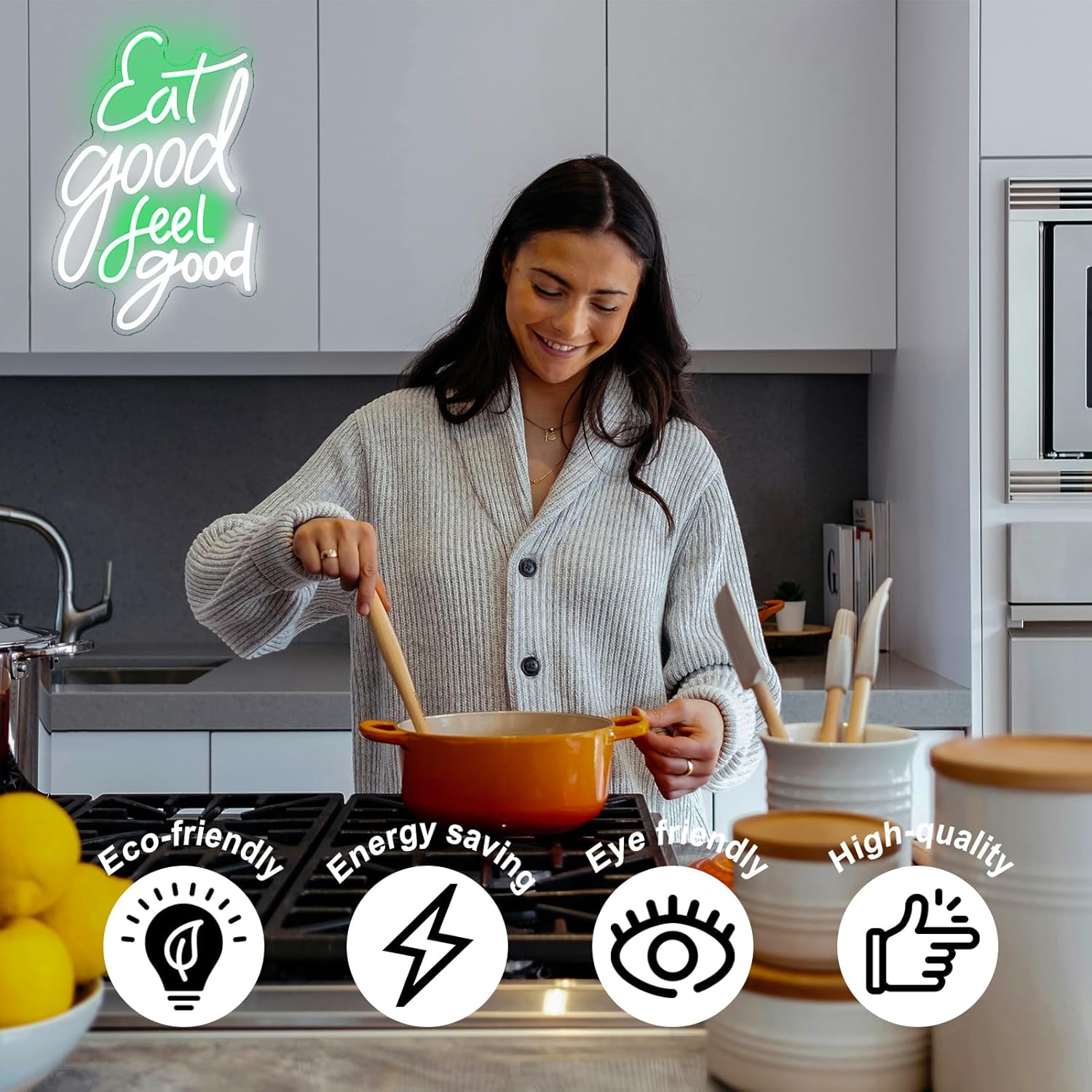 Eat Good Feel Good Neon Sign Green White Letter LED Neon Light Sign Food Neon Signs for Wall Decor Health LED Sign Dimmable Light Up Signs for Restaurant Kitchen Snack Shop Party Decor