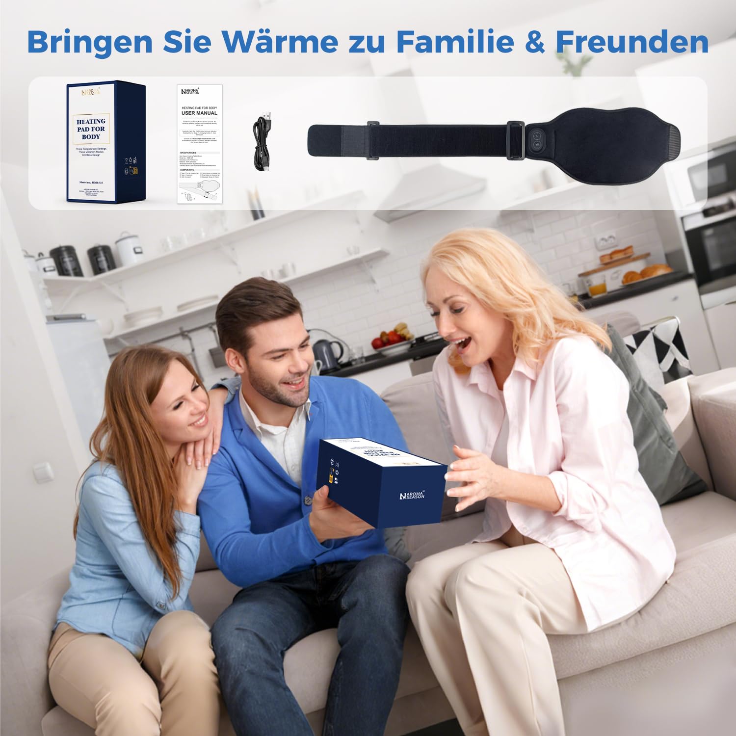 AROMA SEASON Wärmegürtel mit integrierten Akku | Unauffälligiger Begleiter To Go mit 4h Akku für Bauch/Rücken/Lenden | Heizgürtel | Elektrisches Heizkissen mit Abschaltautomatik