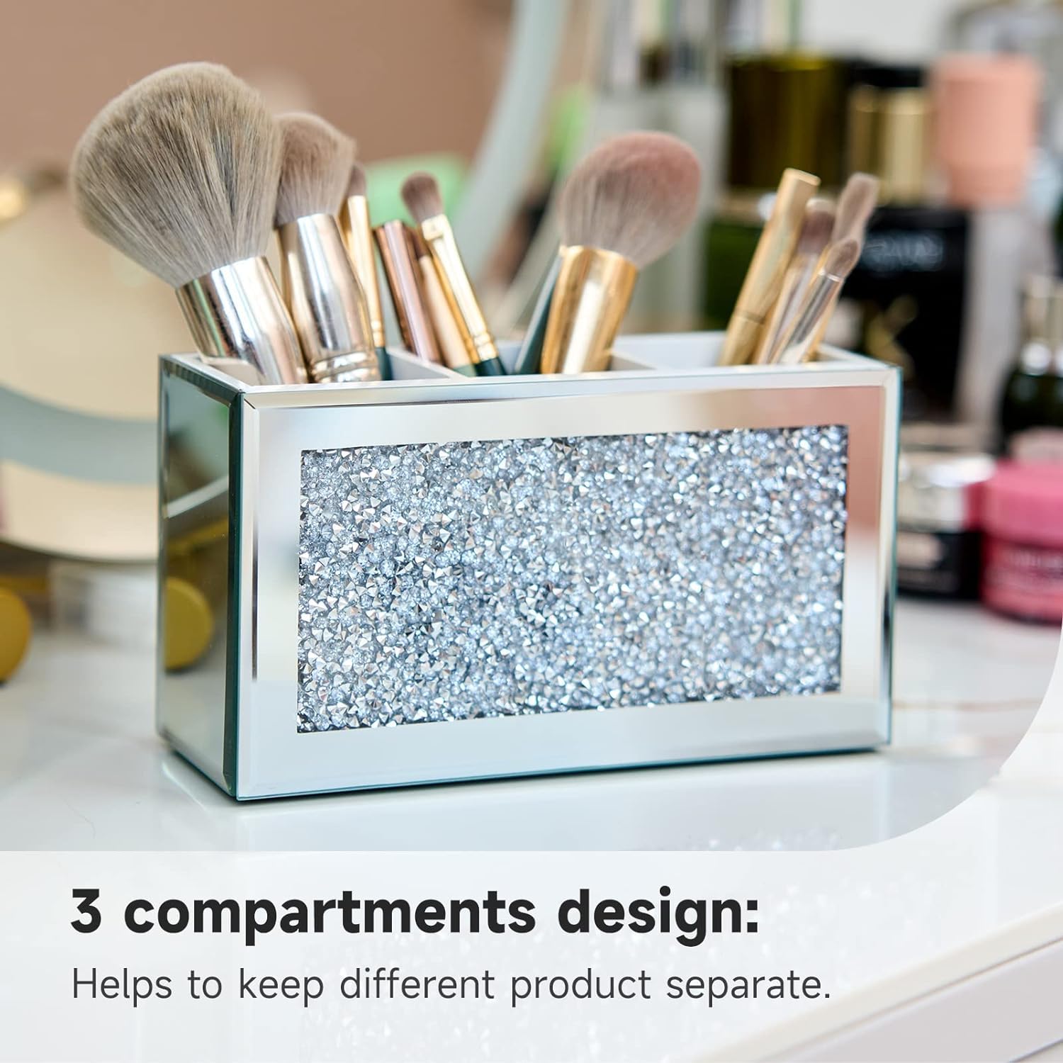 Kosmetik Make Up Organizer Make-up-Pinselhalter Mit 3 Fächern Für Vanity Cosmetic Storage Organizer Bling Crushed Diamond Eyeliners Eyebrow Vitrine Schmink Beauty Zubehör