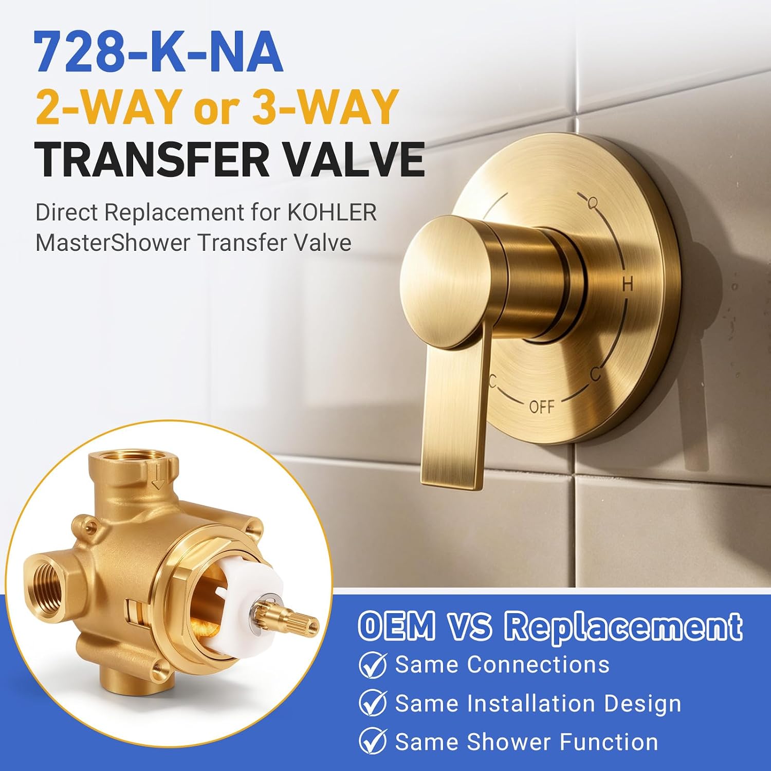 728-K-NA 3/4" 2- or 3-Way Transfer Valve, Replacement for Kohler MasterShower Diverter Valve, One 3/4" Inlet & Three 1/2" Outlet Connections, Single-Handle Operation
