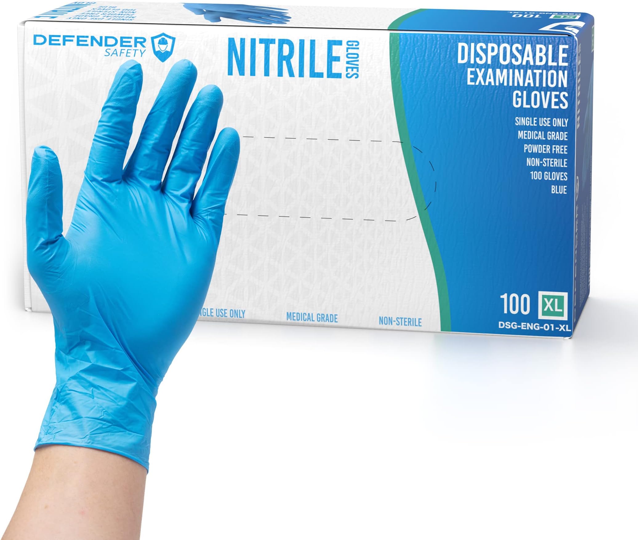 Defender Safety - Nitrile Examination Gloves, Medical Grade, Chemo-rated, Powder Free (Blue) (Click for Sizes & Quantity)