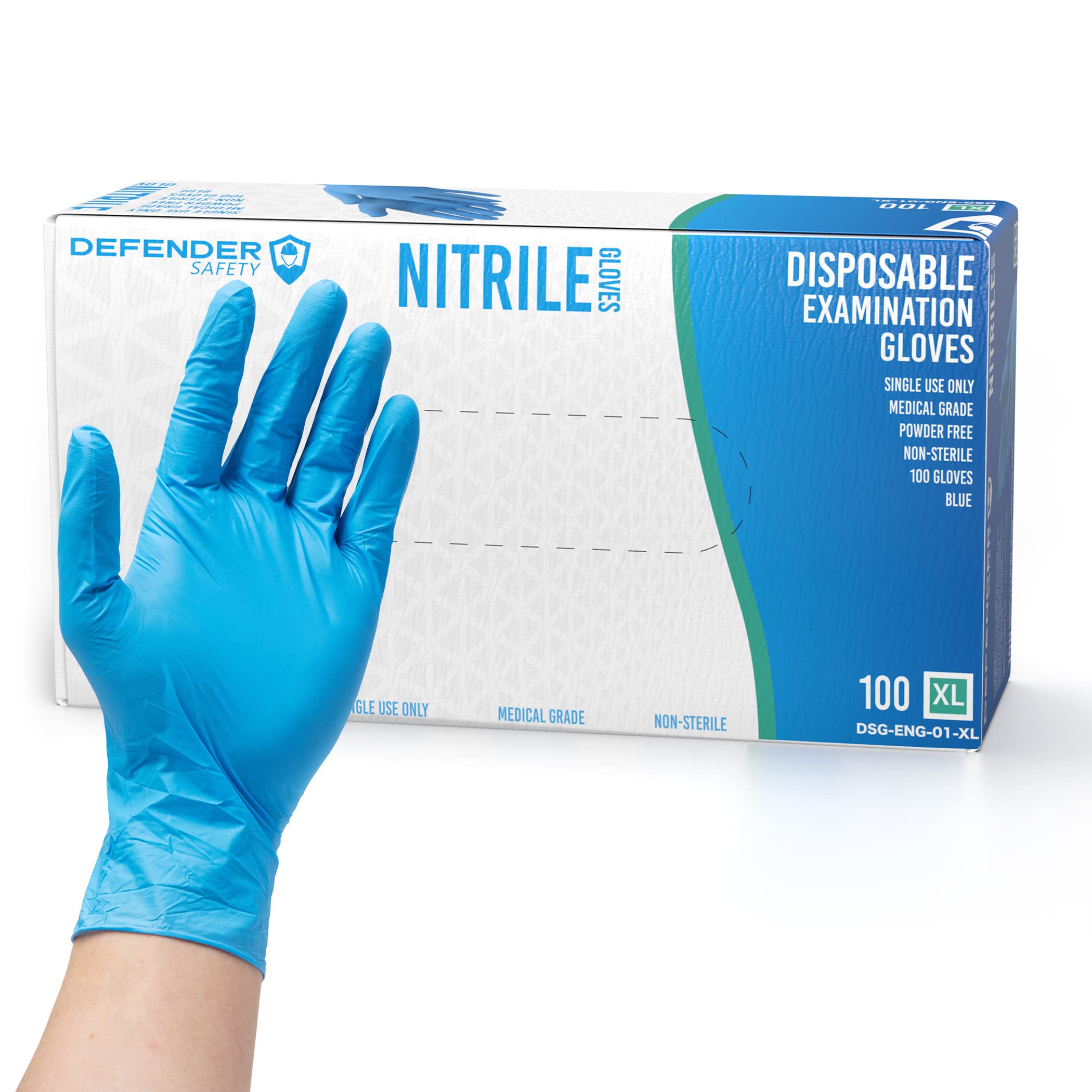 Defender Safety - Nitrile Examination Gloves, Medical Grade, Chemo-rated, Powder Free (Blue) (Click for Sizes & Quantity)