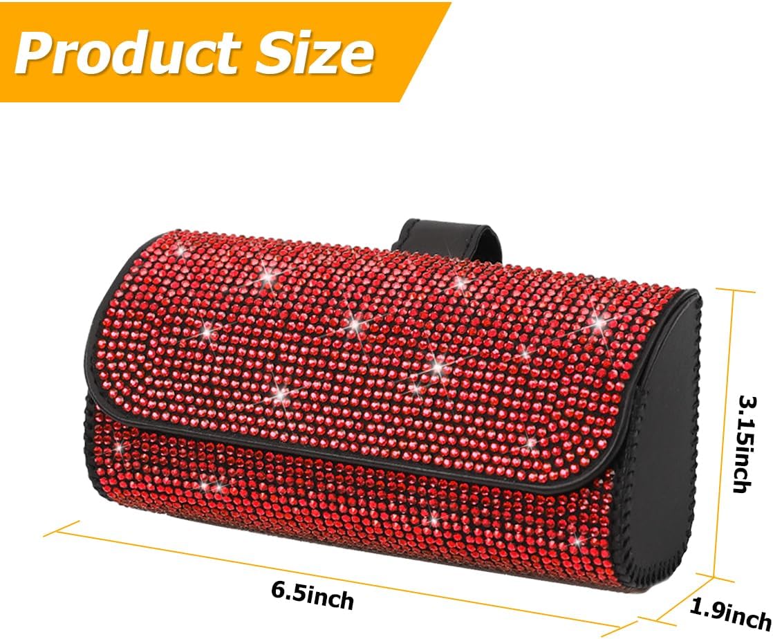 Osilly Bling Car Sunglass Holder for Sun Visor, Sparkling Crystal Leather Automotive Eyeglasses Mount Clip Organizer with Hidden Magnetic Closure for Men Women, Universal for SUV Truck Van(Red)