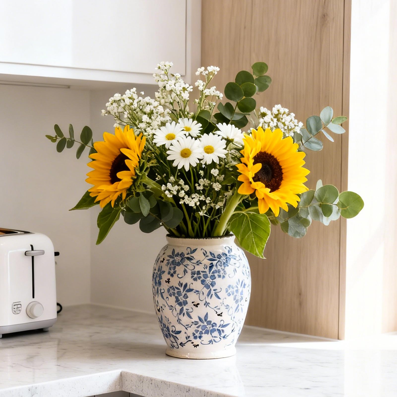 orenm Vase Keramik Blau Weiß – Deko Vase Vintage, Porzellan Große Vase für Wohnzimmer Tischdeko,Esstisch & Fensterbank 23.5cm Höhe