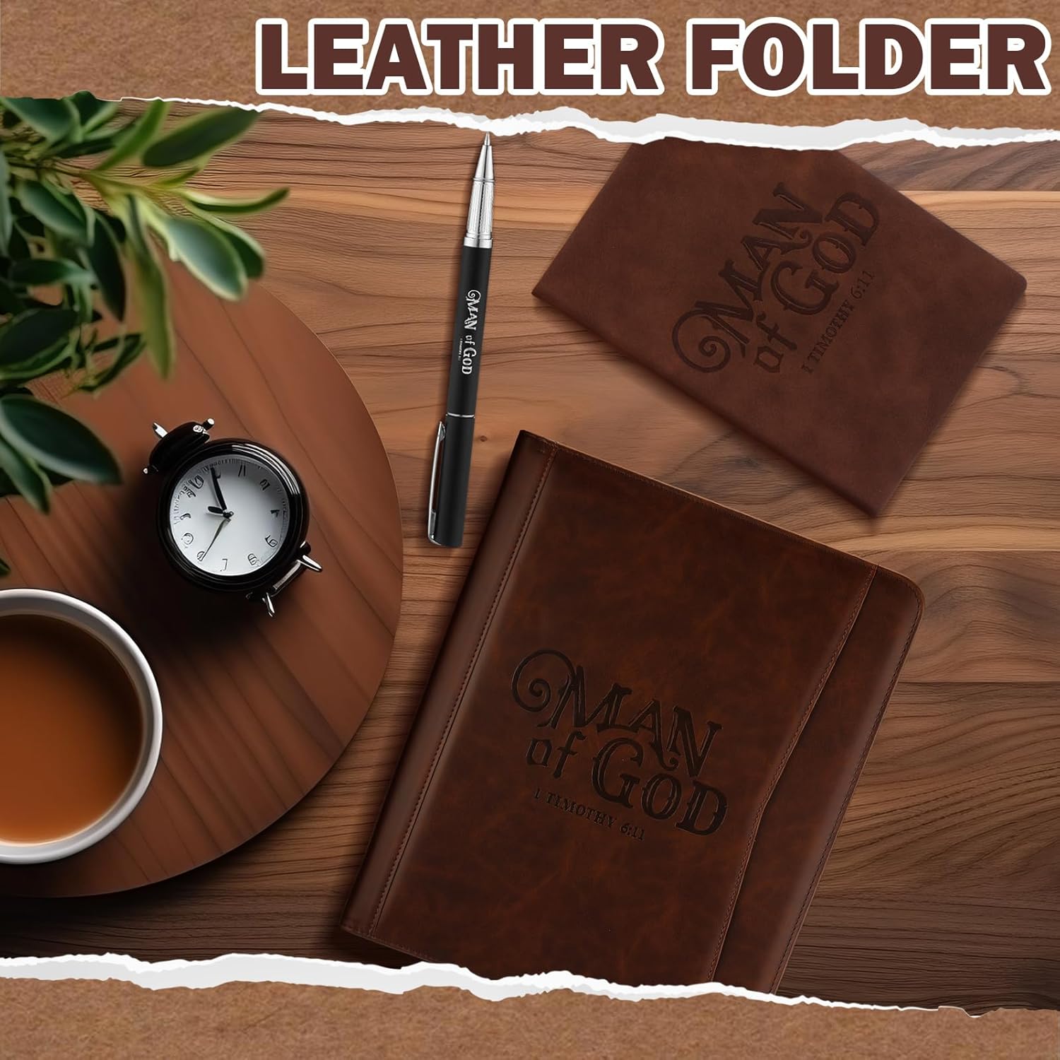 Fuyoooo 3 Pcs Father's Day Christian Gifts for Church Men Pastor's Appreciation Gifts Leather Bible Verse Portfolio Scripture Notebook Bible Pen Religious Coworkers Pastor(Man of God)