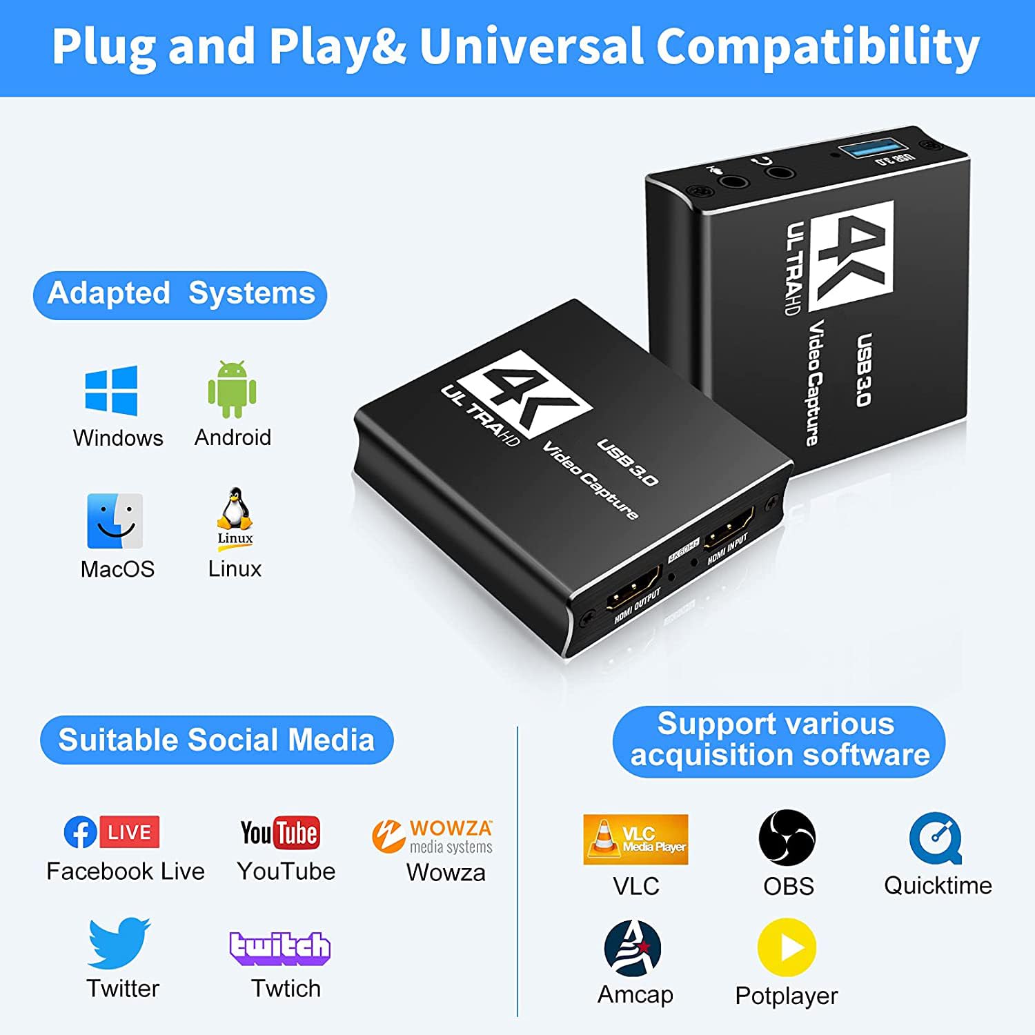 Scheda di acquisizione video 4K@60fps USB 3.0 Scheda registratore di gioco HD per lo streaming di giochi in diretta per PS4/PS5