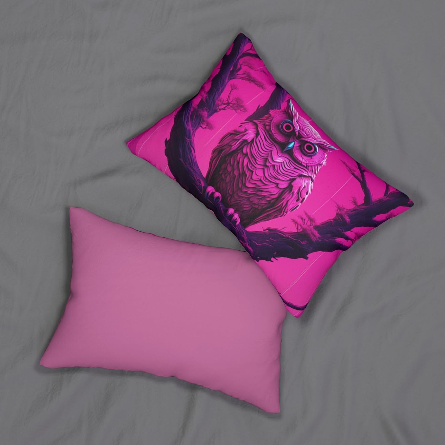 Cute Hot Pink Owl Lumbar Pillow – Whimsical Owl on Tree Branch Design, Polyester Decorative Cushion for Nursery & Home Decor