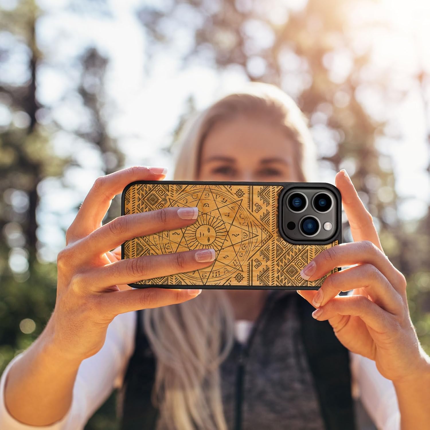 Carveit Magnetic Wood Case for iPhone 14 Pro Max [Natural Wood & Black Soft TPU] Unique & Classy Wooden Shockproof Protective Cover Compatible with magsafe (Sun & Octagonal Star -Cherry)