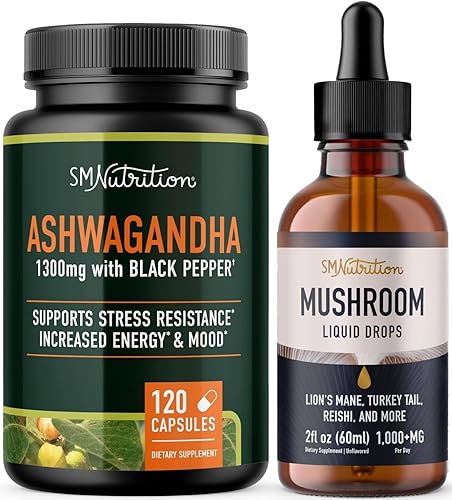 SMNutrition Tintura de hongos y ashwagandha con pimienta negra  Paquete de adaptógeno a base de hierbas con 6 complejos de hongos (60 porciones) y