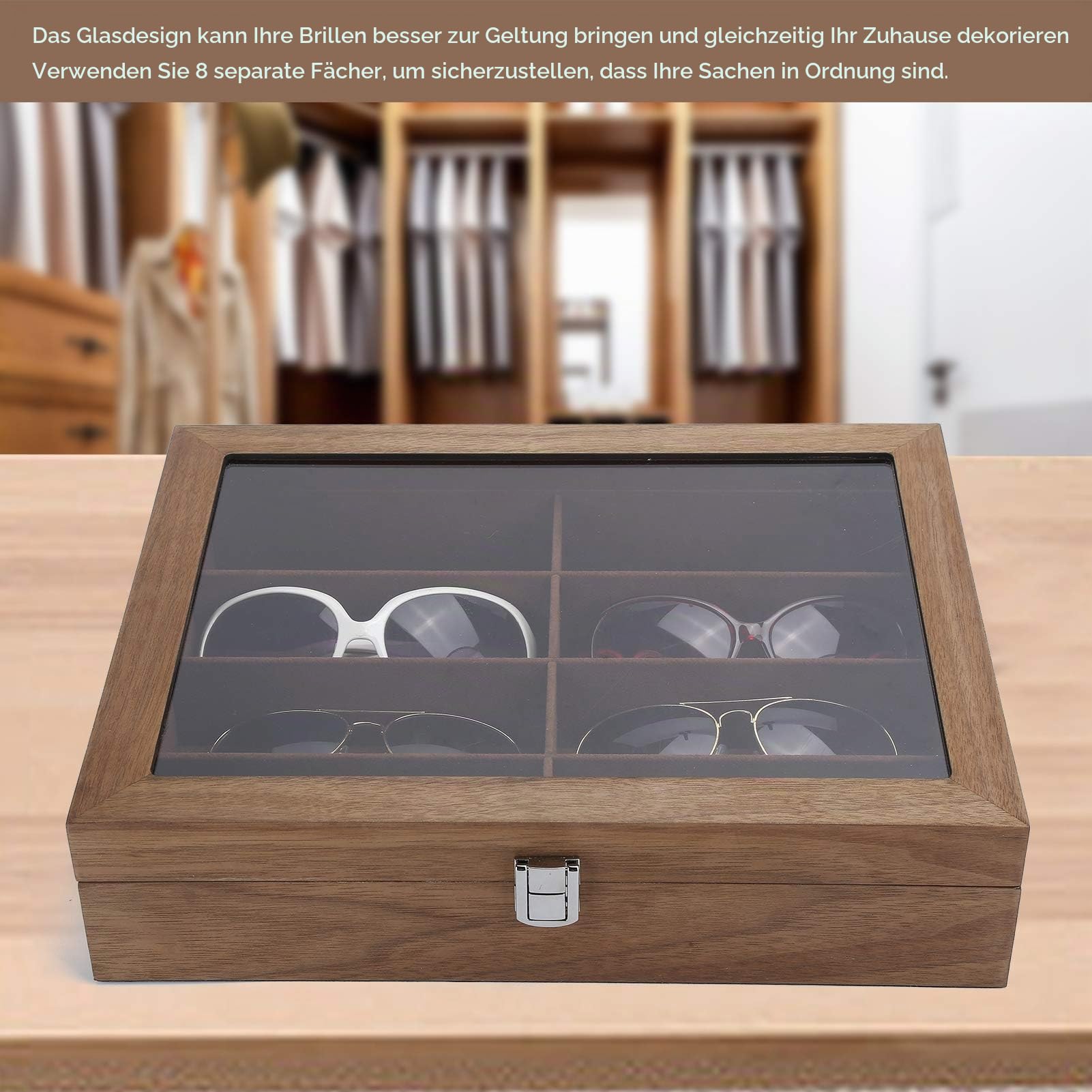 Brillenbox, 8 Gitter Gläser Aufbewahrungsbox, Holz Sonnenbrillen Vitrine Gehobene Minimalist Sonnenbrillen Aufbewahrungsbox Schmuck Organizer Display Box Mit Durchsichtigem Deckel