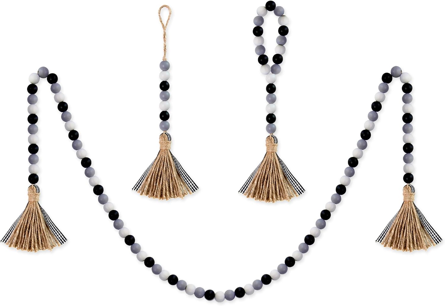BlueMake 3 Pack Wood Bead Garland with Tassel,Rustic Wooden Bead Decor Farmhouse Beads Big Wall Hanging Decor (Black/Gray/White)