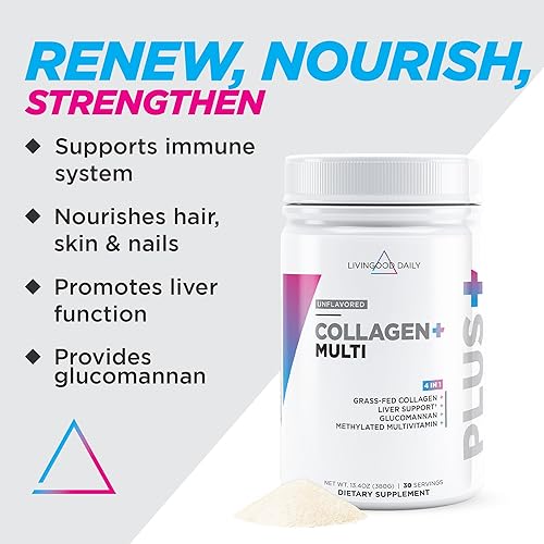 Vista 2 de Livingood Daily Polvo de colágeno sin sabor, 34 porciones, proteína de colágeno en polvo (colágeno tipo 1 y 3) más multivitamínico, cardo mariano