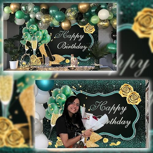 Miniatura 4 de Telón de fondo de feliz cumpleaños verde y negro dorado para mujer, decoración de fotografía de cumpleaños rosa para niñas, 30, 40, 50, 60, 70, 70,
