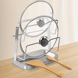 Pot Lid Holder While Cooking, 304 Stainless Steel Pot Lid Organizer and Spoon Rest for Stove top, Multifunctional Pot Lid Rack and Spoon Rest for Kitchen Counter