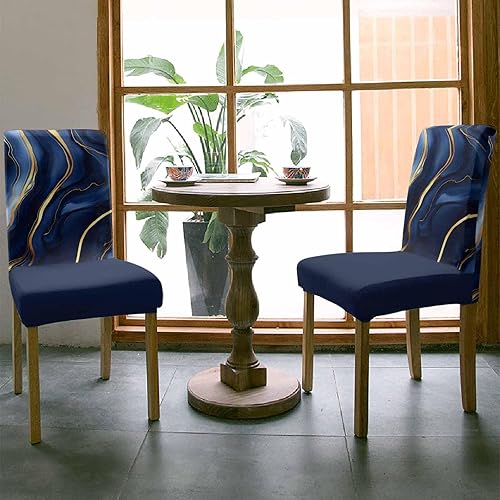 Miniatura 3 de Juego de 6 fundas elásticas para sillas de comedor con diseño de mármol azul marino y amarillo, fundas protectoras elásticas para sillas de cocina,