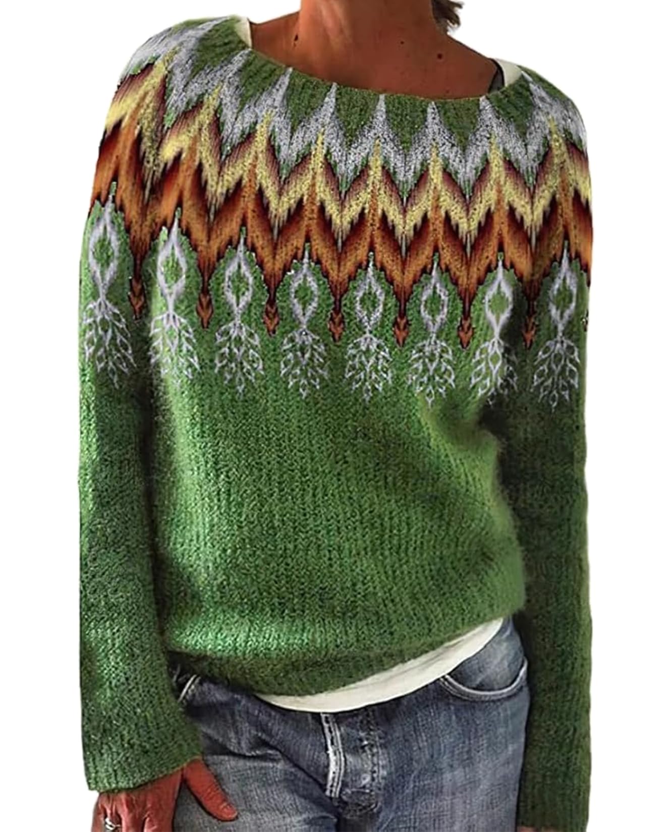 Fair Isle Sweater for Womens Winter Long Sleeve Vintage Knitted Sweater Casual Fall Crew Neck Pullover Sweaters