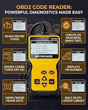 MOTOPOWER MP69033 Car OBD2 Scanner Code Reader Engine Fault Scanner CAN Diagnostic Scan Tool for All OBD II Protocol Cars Since 1996, Yellow