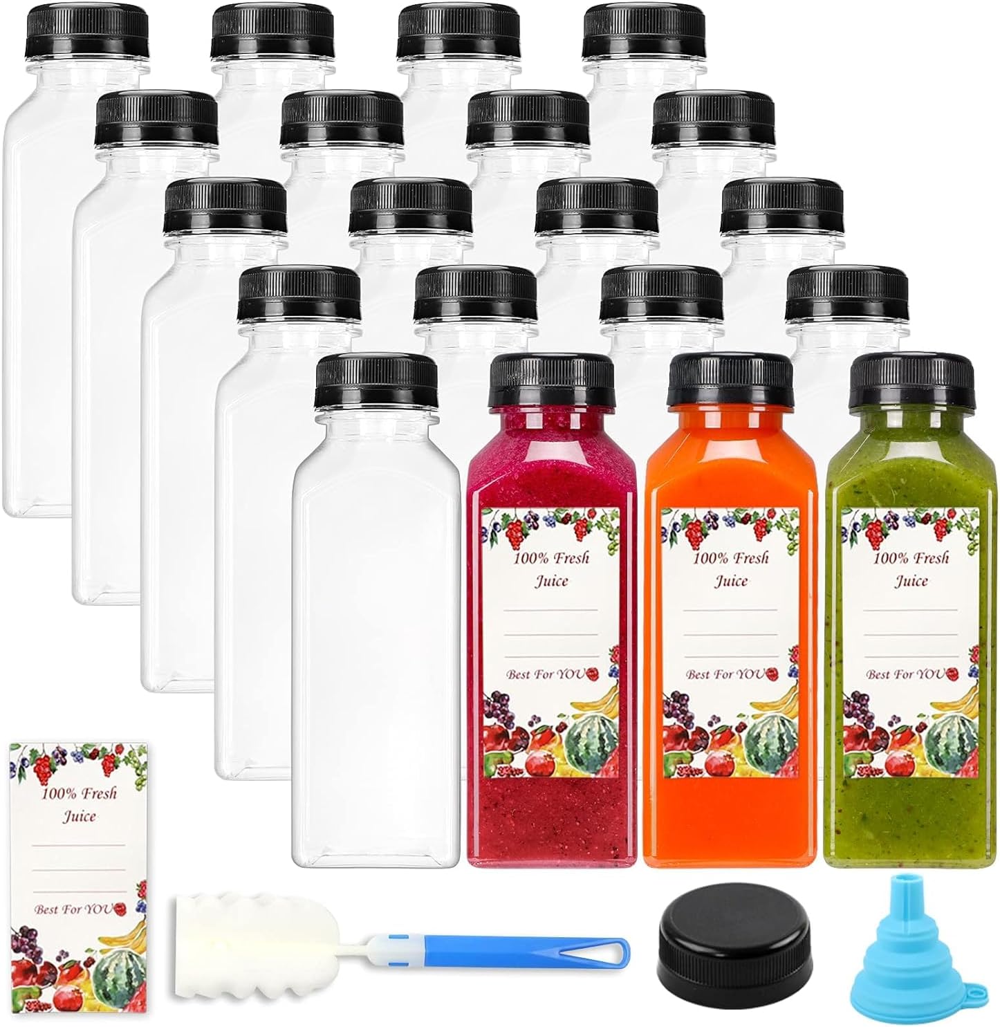 Premify 20pcs Empty Plastic Juice Bottles with Caps,12oz/350ml Reusable Juice/Milk/Water Bottles for Kids, Clear Bulk Beverage Containers with Lids, Label, Funnel and Brush for Juicing, Milk, Smoothie